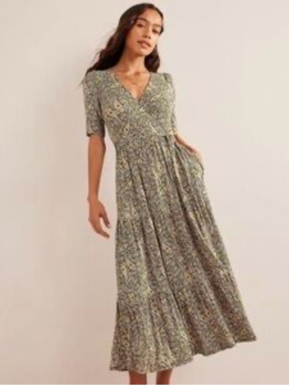 BODEN faux wrap midi dress stretch tiered paisley pockets size US 16 / 18
